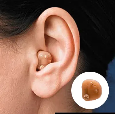 Close-up shot of a woman wearing an in-the-ear (ITE) hearing aid, showcasing its discreet and comfortable fit inside the ear